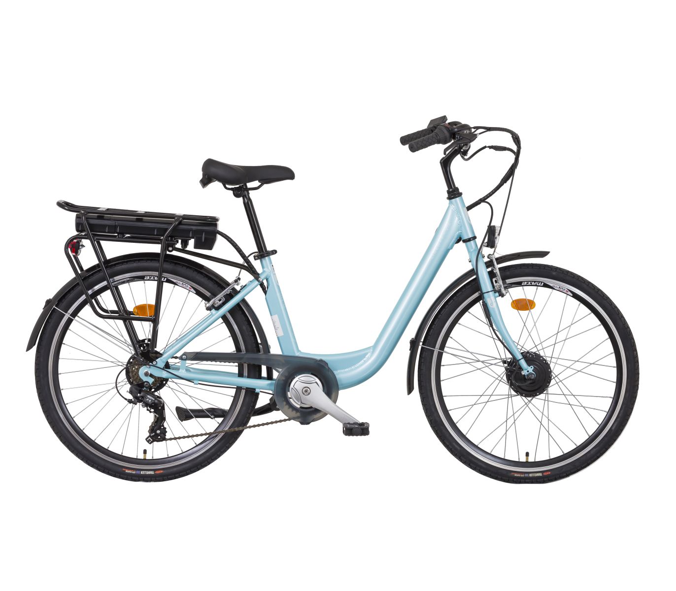 Liberty elektrokolo e-VIA 6 spd 26" zadní motor, 36V/17,5Ah, 2026 tyrkysové, Přední vidlice Odpružená