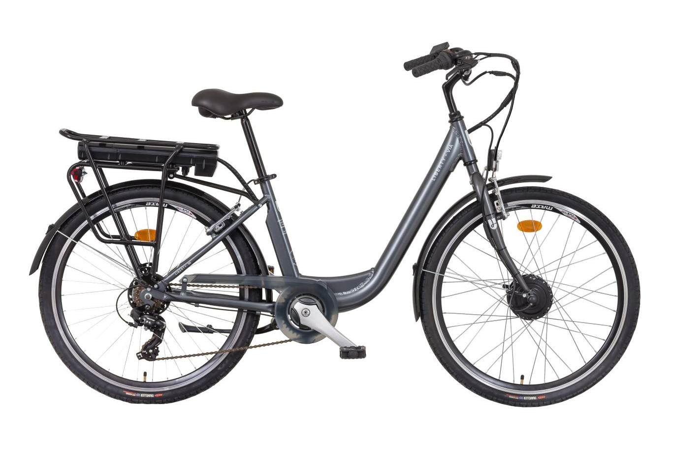 Elektrokolo Liberty e-VIA 6 spd 26" přední motor, 36V/10,4Ah, 2026 antracitové, Přední vidlice Odpružená