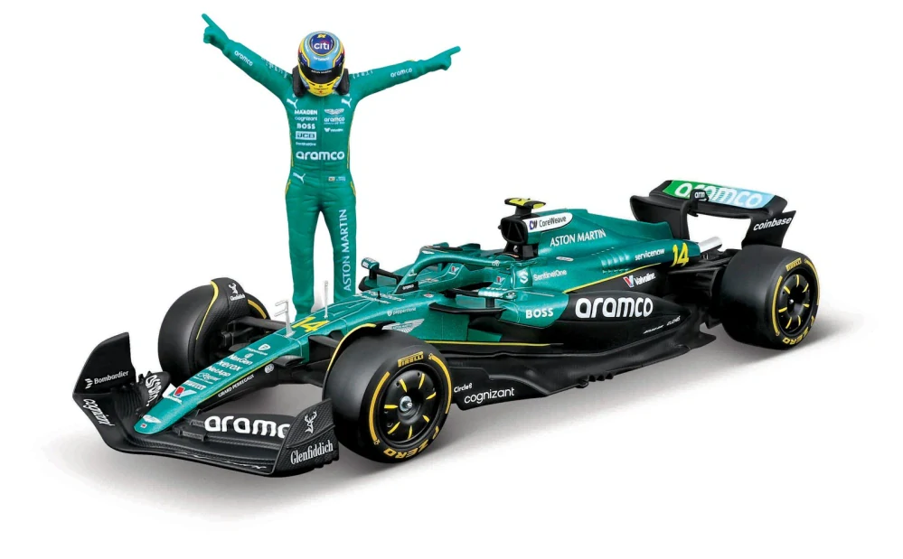 Bburago - RACE Formula F1 s figurkou jezdce, Aston Martin AMR25 (2025) #14 Fernando Alonso,1:24