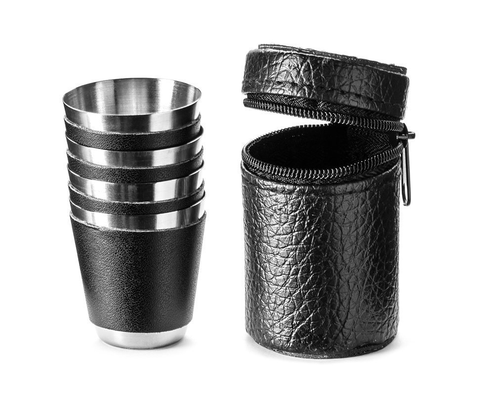 Panáky z nerezové oceli s koženým obalem