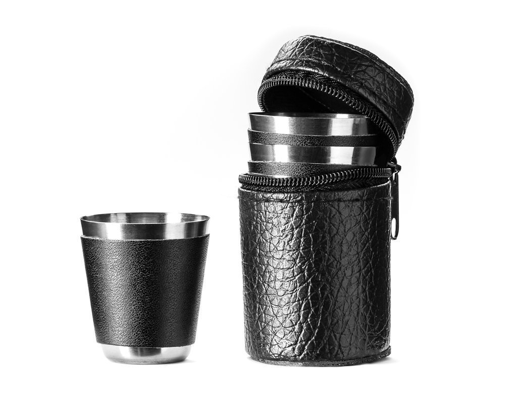 Panáky z nerezové oceli s koženým obalem