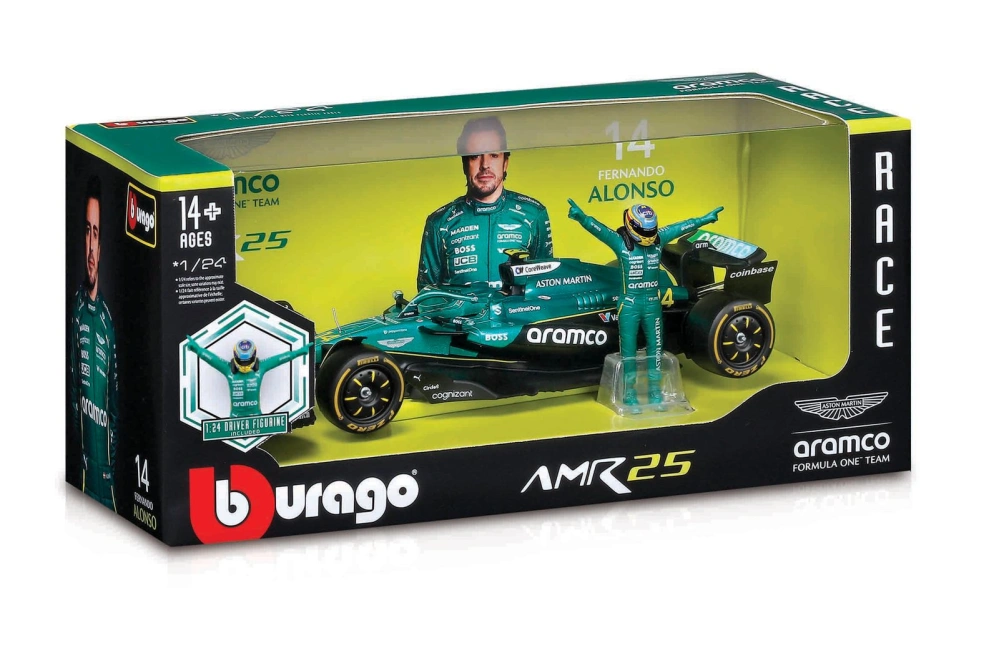 Bburago - RACE Formula F1 s figurkou jezdce, Aston Martin AMR25 (2025) #14 Fernando Alonso,1:24