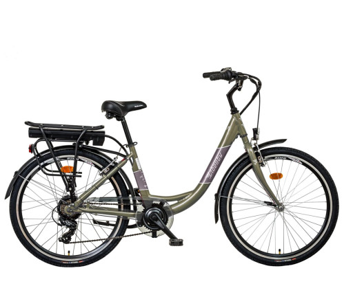 Liberty elektrokolo e-VIA 6 spd 26" zadní motor, 36V/17,5Ah, 2026 šedo-zelené, Přední vidlice Pevná