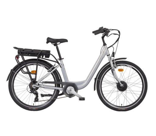 Liberty elektrokolo e-VIA 6 spd 26" zadní motor, 36V/10,4Ah, 2026 stříbrné, Přední vidlice Pevná