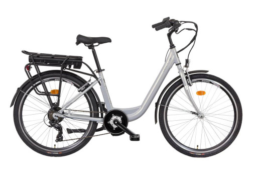 Elektrokolo Liberty e-VIA 6 spd 26" středový motor, 36V/17,5Ah, 2026 stříbrné, Přední vidlice Pevná