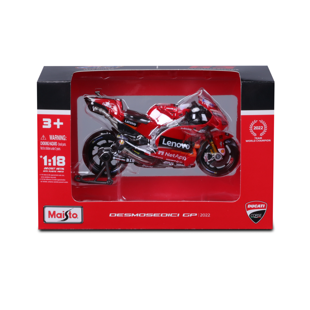 Maisto - Motocykl, Ducati Lenovo Team 2022, assort (63 Francesco Bagnaia+43 Jakc Miller), 1:18