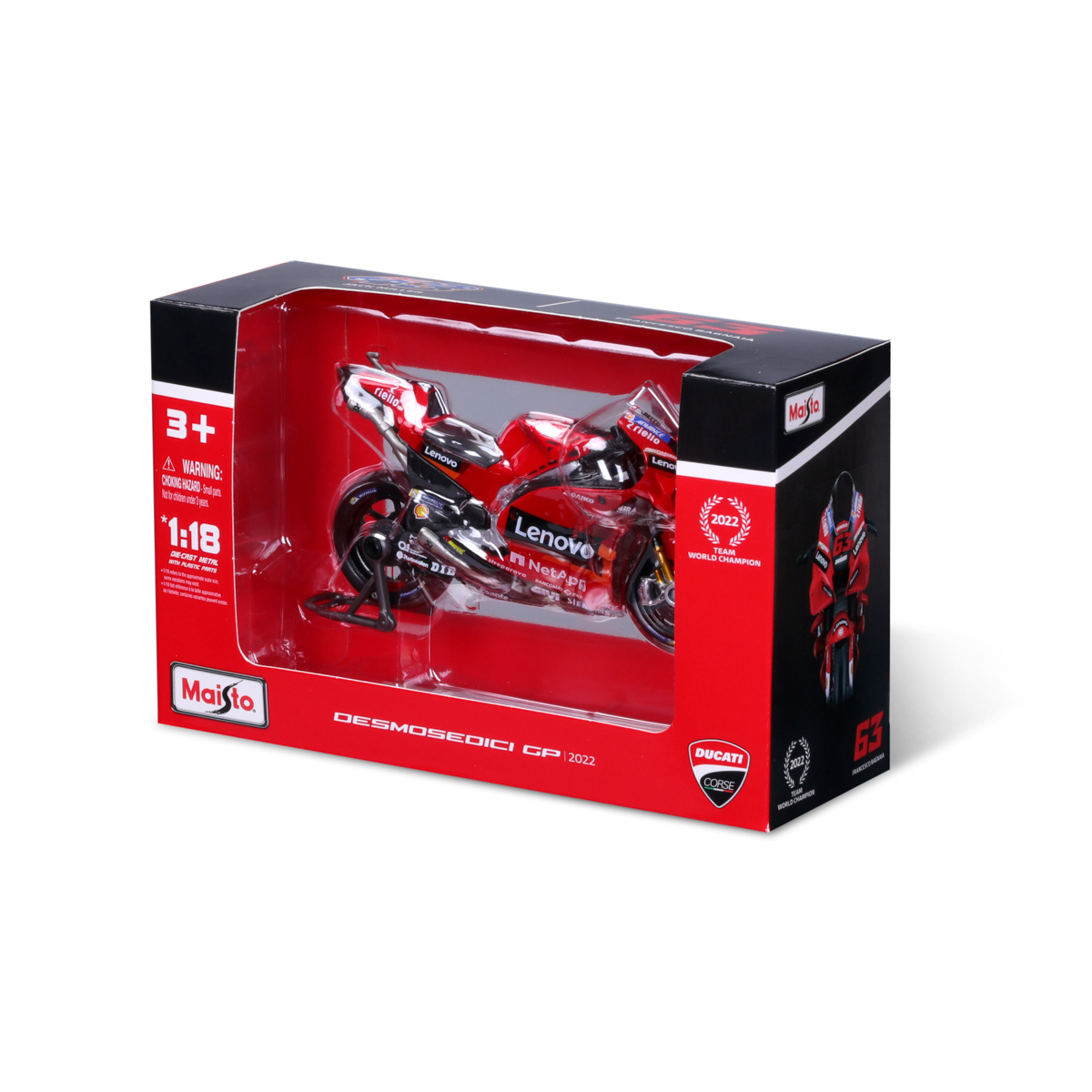 Maisto - Motocykl, Ducati Lenovo Team 2022, assort (63 Francesco Bagnaia+43 Jakc Miller), 1:18