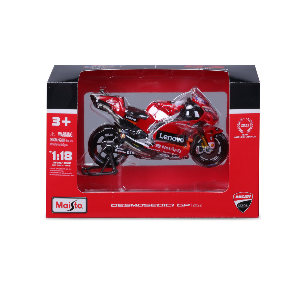 Maisto - Motocykl, Ducati Lenovo Team 2022, assort (63 Francesco Bagnaia+43 Jakc Miller), 1:18