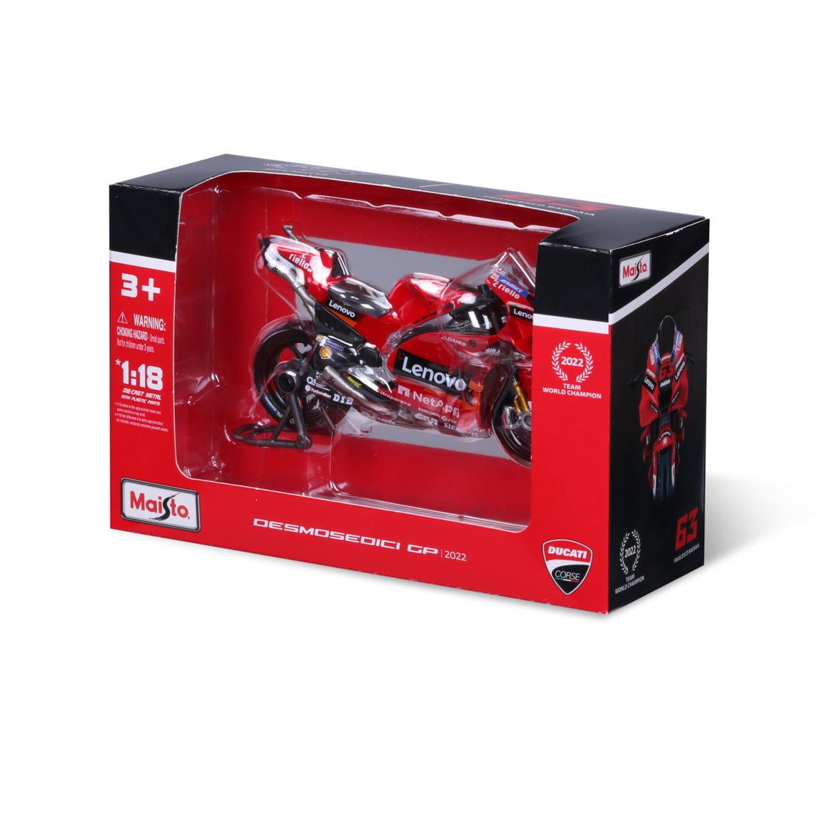 Maisto - Motocykl, Ducati Lenovo Team 2022, assort (63 Francesco Bagnaia+43 Jakc Miller), 1:18