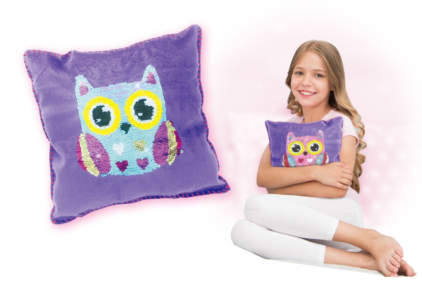 Sova ušij si polštář s flitry 30 x 30 cm