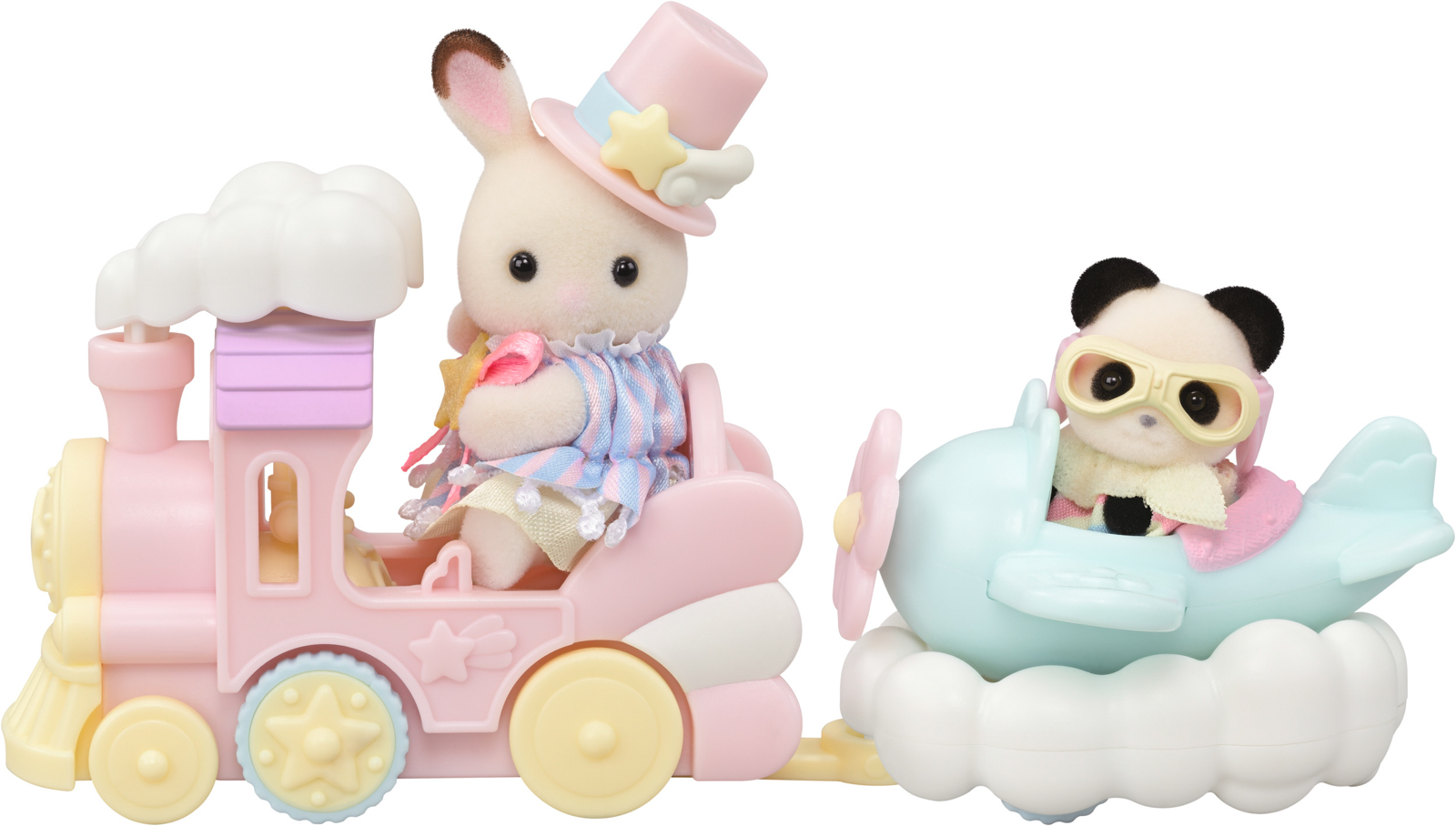 Letadlo, vláček a baby figurky v zábavném parku