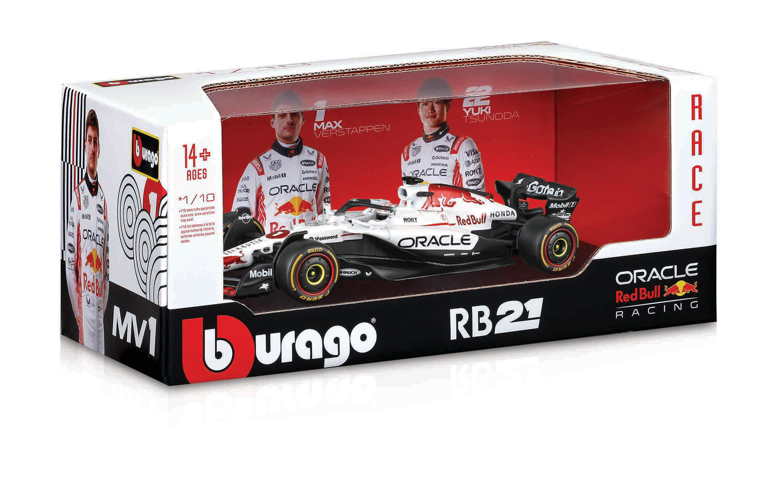 Bburago – RACE Formule F1 Oracle Red Bull Racing RB21 (2025) s helmou, #1 Max Verstappen, 1:18