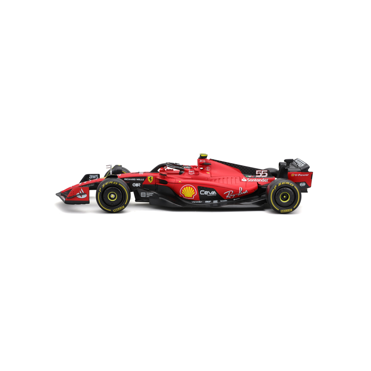 Bburago - FORMULA RACING, Ferrari SF-23 (2023) v dekorativním boxu, #55 Carlos Sainz, 1:24