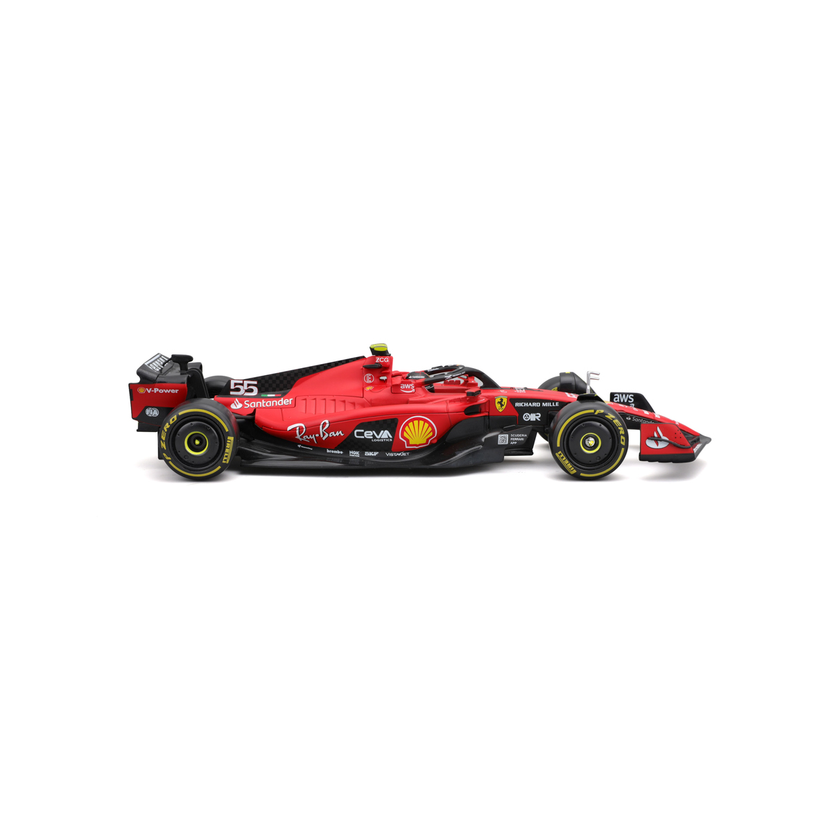 Bburago - FORMULA RACING, Ferrari SF-23 (2023) v dekorativním boxu, #55 Carlos Sainz, 1:24