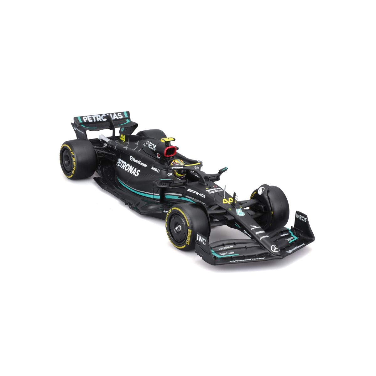 Bburago - RACE F1 v dekorativním boxu, Mercedes-AMG Petronas W14 E (2023), #44 Lewis Hamilton, 1:24