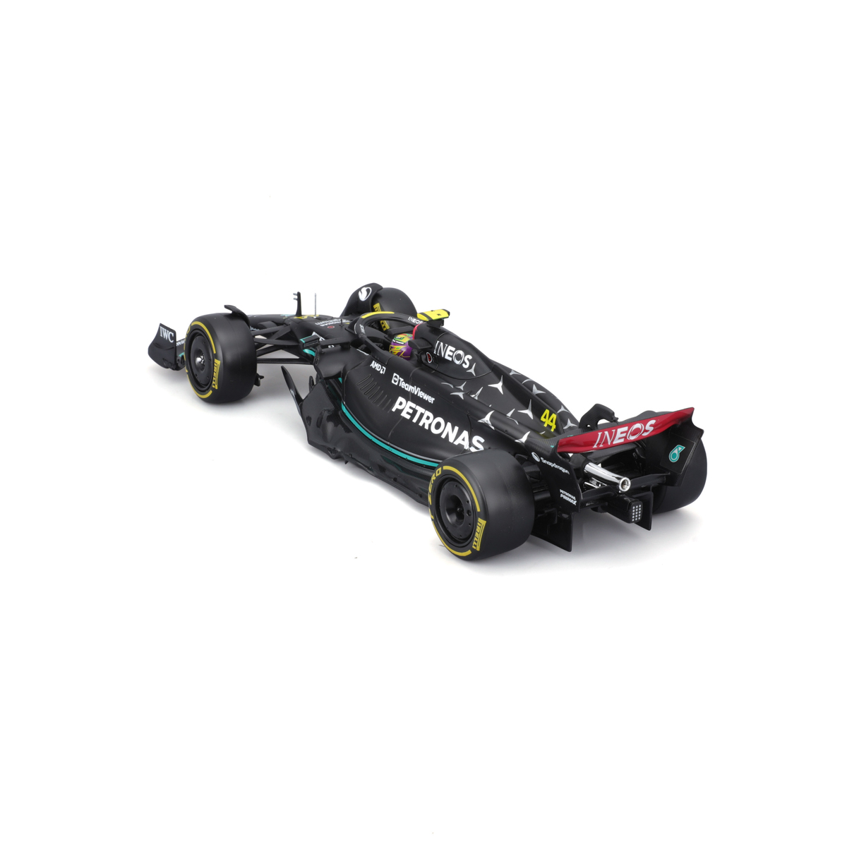 Bburago - RACE F1 v dekorativním boxu, Mercedes-AMG Petronas W14 E (2023), #44 Lewis Hamilton, 1:24