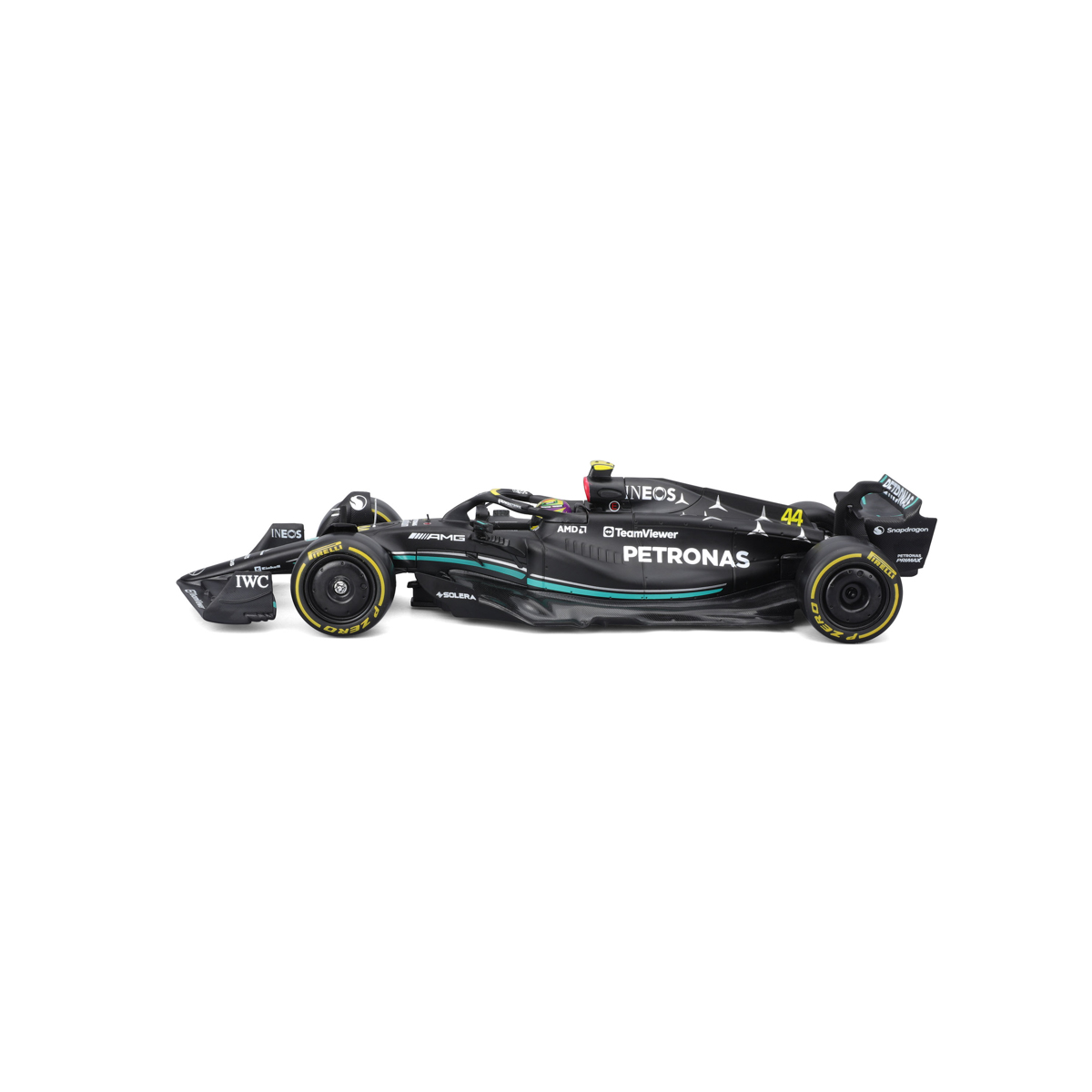 Bburago - RACE F1 v dekorativním boxu, Mercedes-AMG Petronas W14 E (2023), #44 Lewis Hamilton, 1:24