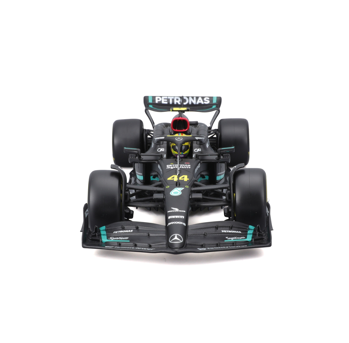 Bburago - RACE F1 v dekorativním boxu, Mercedes-AMG Petronas W14 E (2023), #44 Lewis Hamilton, 1:24