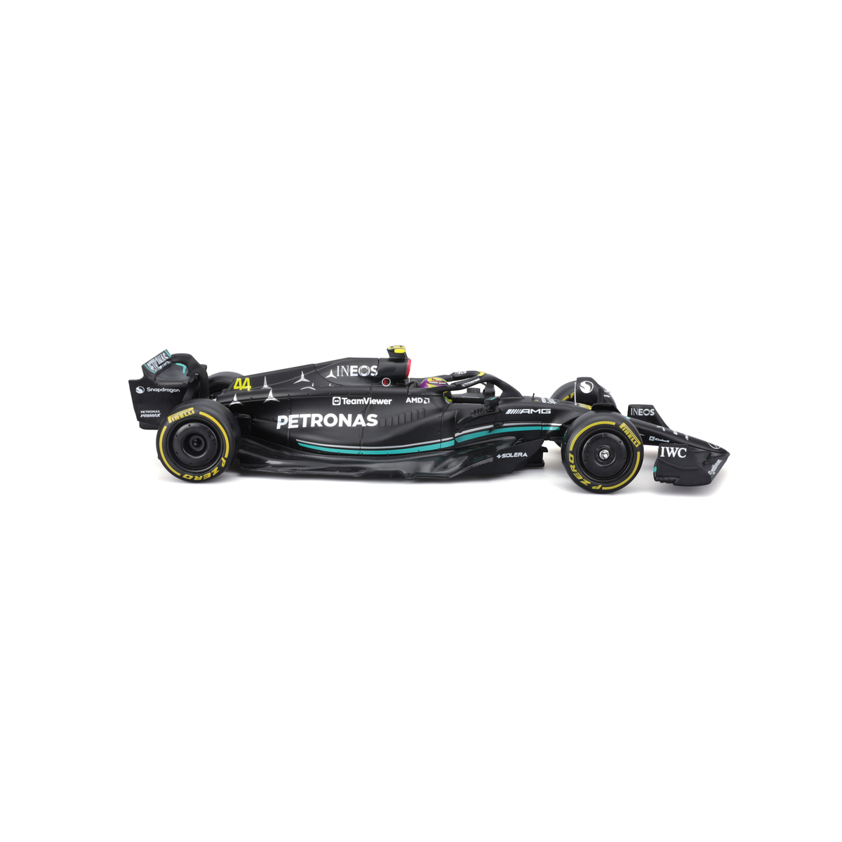 Bburago - RACE F1 v dekorativním boxu, Mercedes-AMG Petronas W14 E (2023), #44 Lewis Hamilton, 1:24