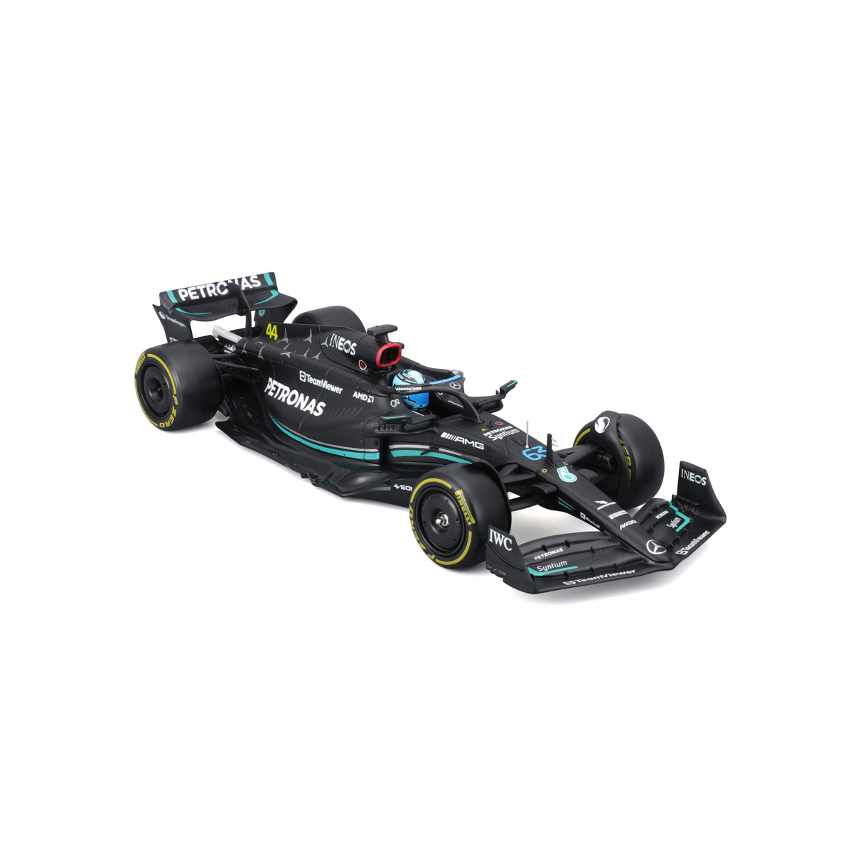 Bburago - RACE F1 v dekorativním boxu, Mercedes-AMG Petronas W14 E (2023), #63 George Russell, 1:24