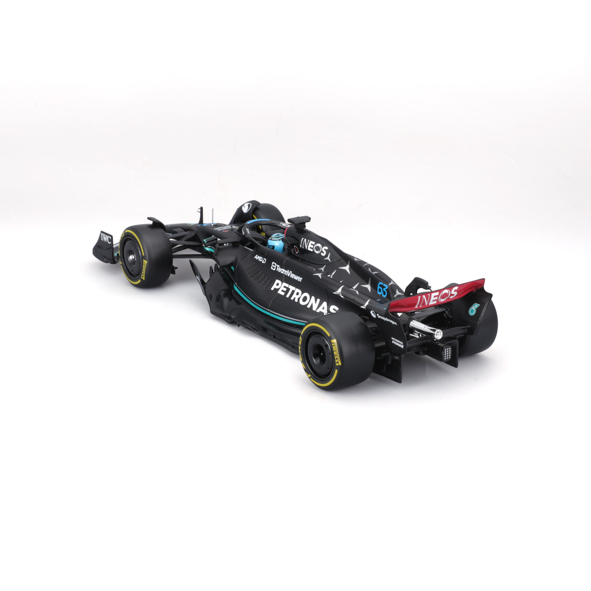 Bburago - RACE F1 v dekorativním boxu, Mercedes-AMG Petronas W14 E (2023), #63 George Russell, 1:24