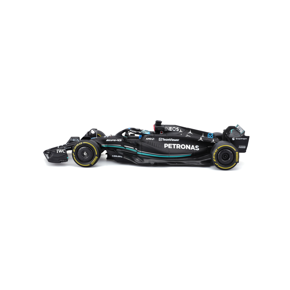 Bburago - RACE F1 v dekorativním boxu, Mercedes-AMG Petronas W14 E (2023), #63 George Russell, 1:24