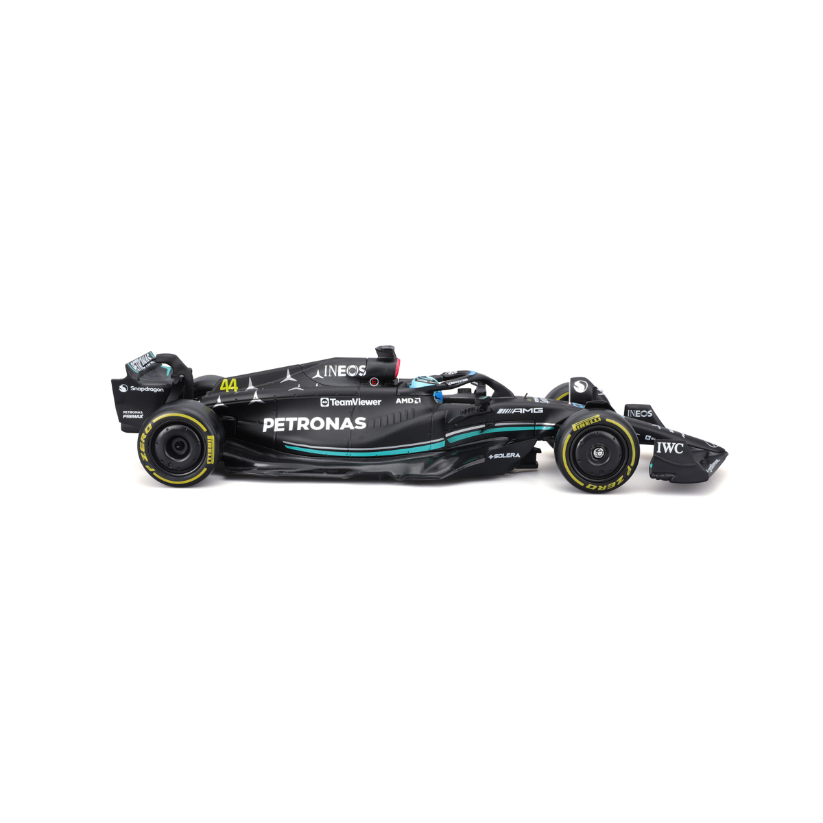 Bburago - RACE F1 v dekorativním boxu, Mercedes-AMG Petronas W14 E (2023), #63 George Russell, 1:24