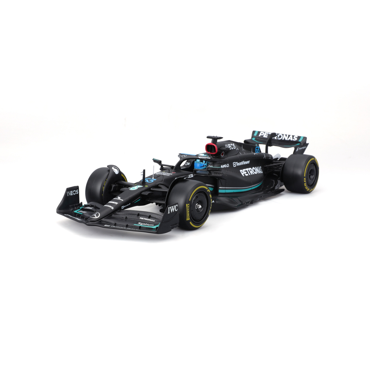 Bburago - RACE F1 v dekorativním boxu, Mercedes-AMG Petronas W14 E (2023), #63 George Russell, 1:24