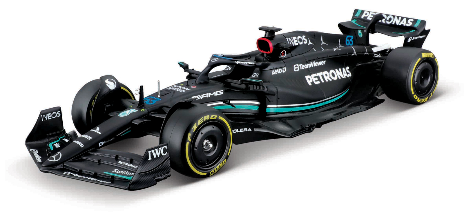 Bburago - RACE Formule F1 s figurkou jezdce, Mercedes-AMG W14 E Performance (2023) #63 Russell, 1:24
