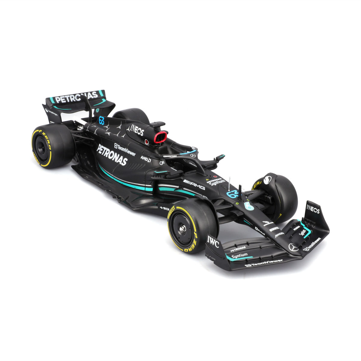 Bburago - RACE Formule F1 s figurkou jezdce, Mercedes-AMG W14 E Performance (2023) #63 Russell, 1:24