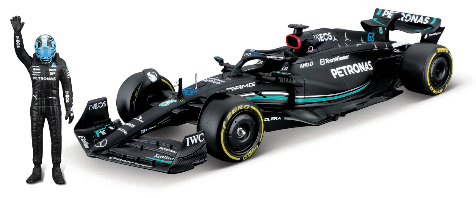Bburago - RACE Formule F1 s figurkou jezdce, Mercedes-AMG W14 E Performance (2023) #63 Russell, 1:24