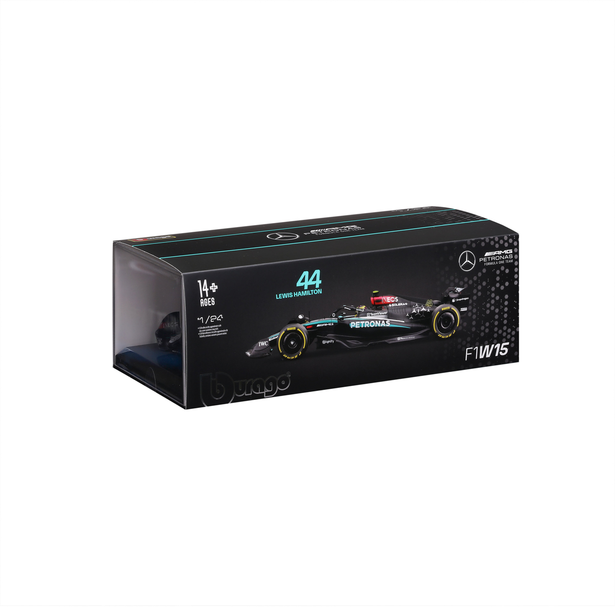 Bburago - RACE F1 v dekorativním boxu, Mercedes-AMG Petronas W15 (2024), #44 Lewis Hamilton, 1:24