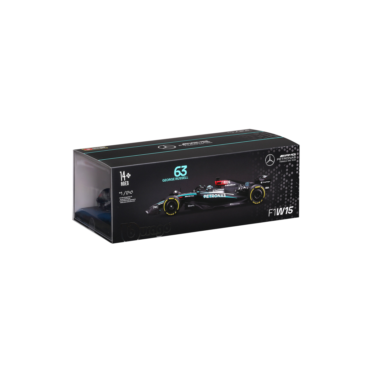 Bburago - RACE F1 v dekorativním boxu, Mercedes-AMG Petronas W15 (2024), #63 George Russell, 1:24