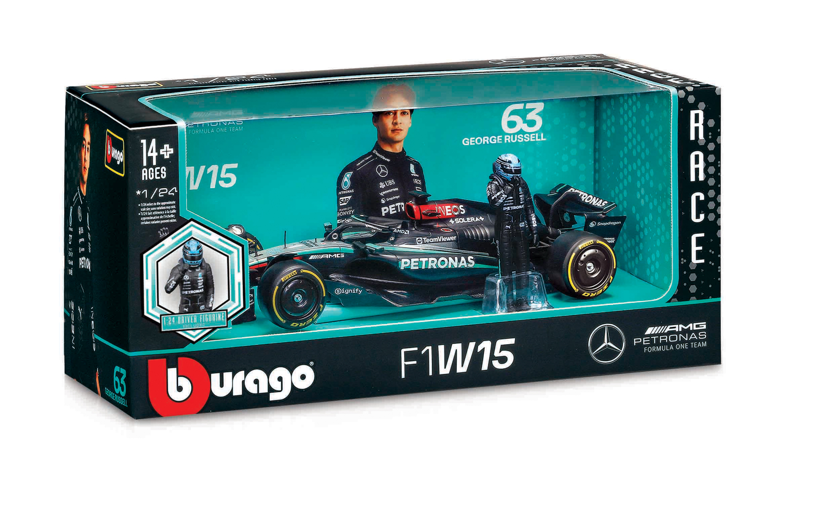 Bburago - RACE F1 s figurkou jezdce, Mercedes-AMG Petronas W15 (2024), #63 George Russell, 1:24