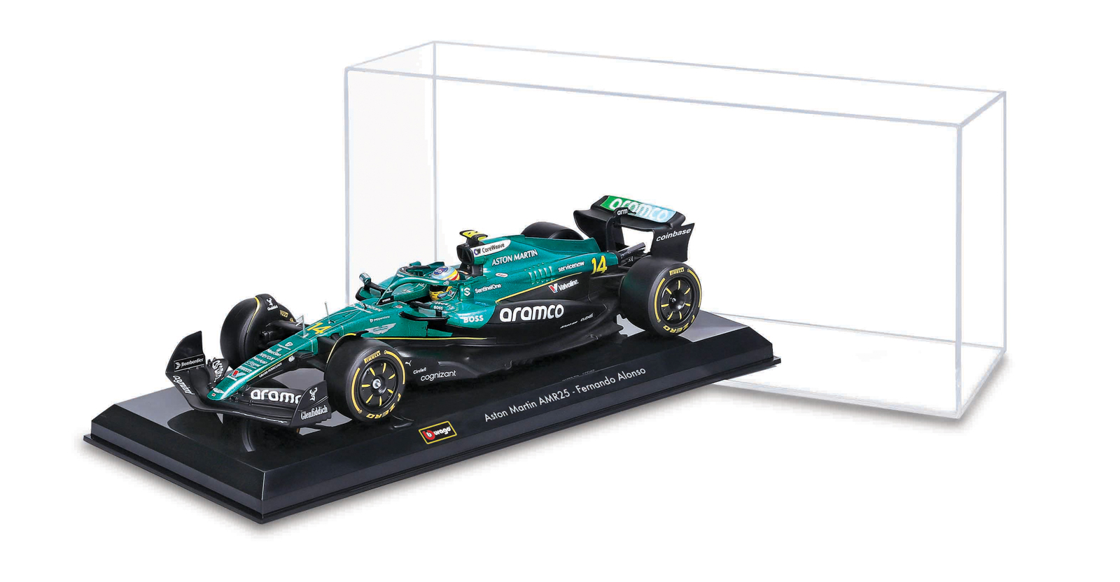Bburago - RACE F1 v dekorativním boxu, Aston Martin AMR25 (2025), #14 Fernando Alonso, 1:24
