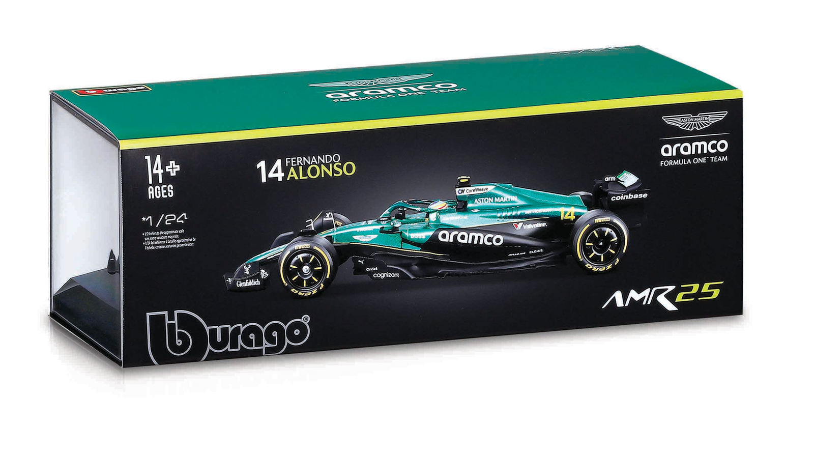 Bburago - RACE F1 v dekorativním boxu, Aston Martin AMR25 (2025), #14 Fernando Alonso, 1:24