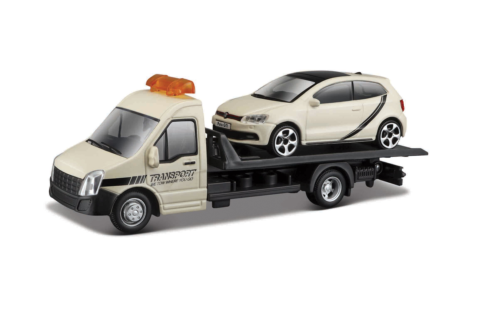 Bburago – STREET FIRE, Přepravní vozidlo Flatbed Transport + VW Polo GTI Mark 5, 1:43