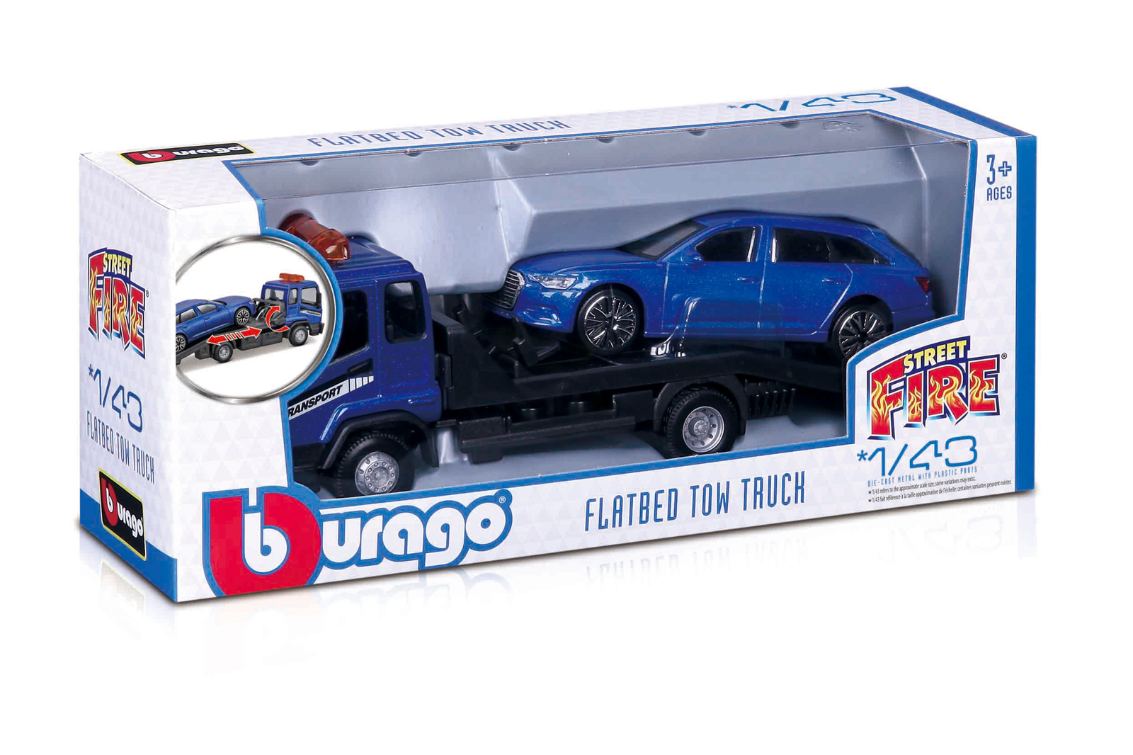 Bburago – STREET FIRE, Odtahové vozidlo Flatbed Tow Truck + Audi A6 Avant, 1:43
