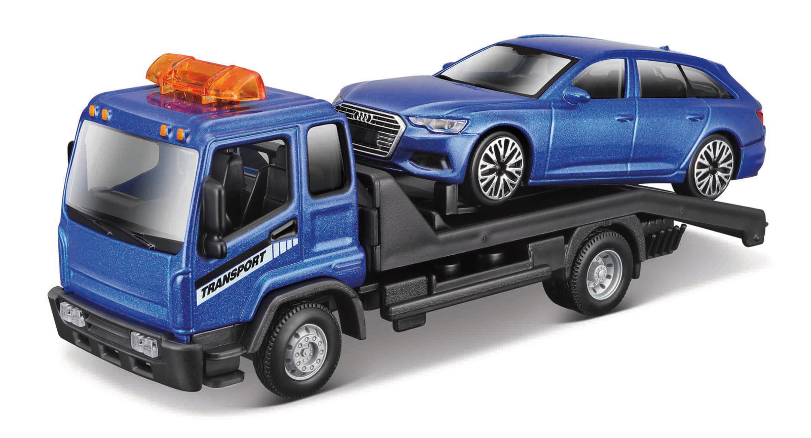 Bburago – STREET FIRE, Odtahové vozidlo Flatbed Tow Truck + Audi A6 Avant, 1:43