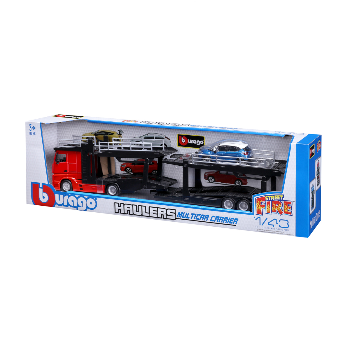Bburago - STREET FIRE, Kamion s návěsem Multicar Carrier M-B Actros + Reanult Captur, 1:43