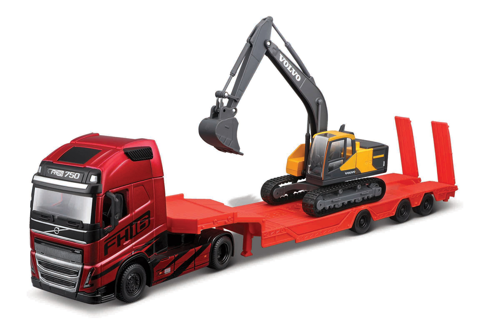 Bburago - Haulers construction, Kamion Volvo FH16 Globetrotter 750 XXL s bagrem Volvo EC220E, 1:43
