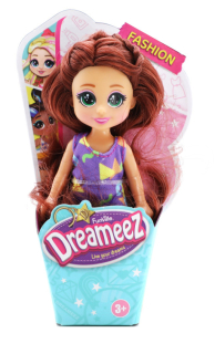 Dreameez mini panenka v kornoutku, brunetka s fialovými šaty