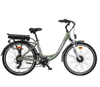 Elektrokolo Liberty e-VIA 6 spd 26" přední motor, 36V/17,5Ah, 2026 šedo-zelené, Přední vidlice Odpružená
