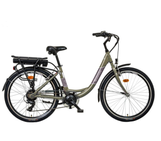 Liberty elektrokolo e-VIA 6 spd 26" zadní motor, 36V/10,4Ah, 2026 šedo-zelené, Přední vidlice Odpružená