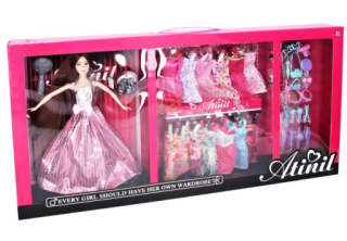 Módní butik, panenka bruneta s šatníkem, 30cm