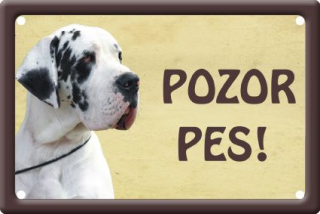 Plechová psí cedule, Německá doga bílá, Pozor pes