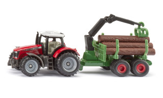 SIKU Blister - Traktor Massey Ferguson s lesnickým přívěsem a kládami